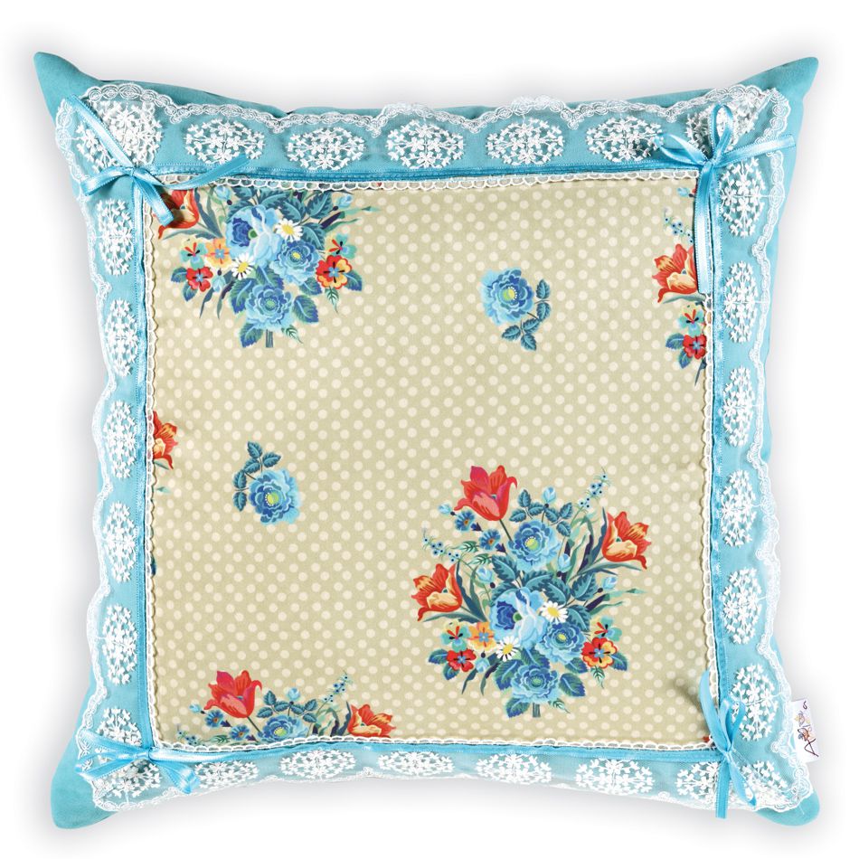 Декоративная подушка голубая с кружевом и цветами 43*43 - 0